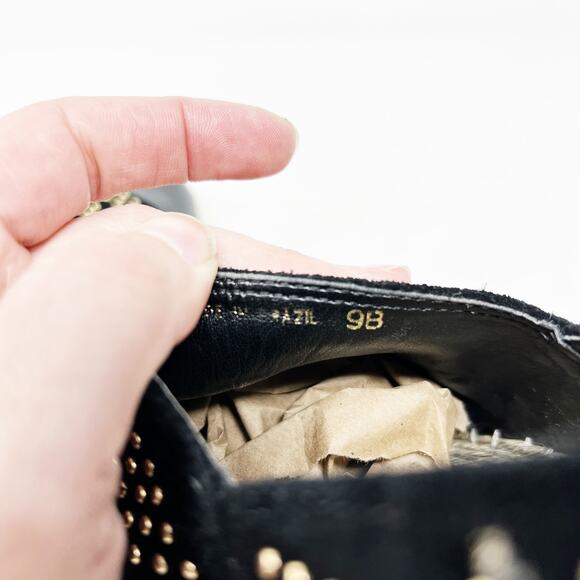 [Loeffler Randall] Black Gold Studded Mara Leather Cap Toe Espadrille Flats Sz 9 - Picture 11 of 12